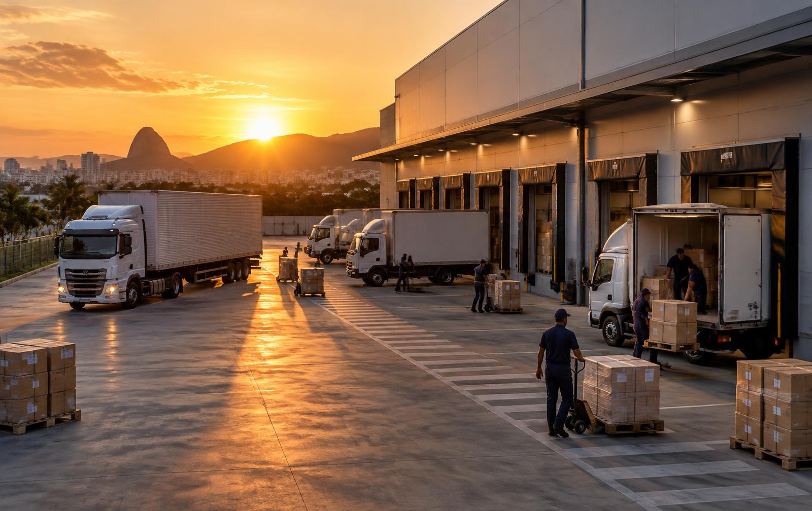 Caminhões em doca de carregamento ao entardecer